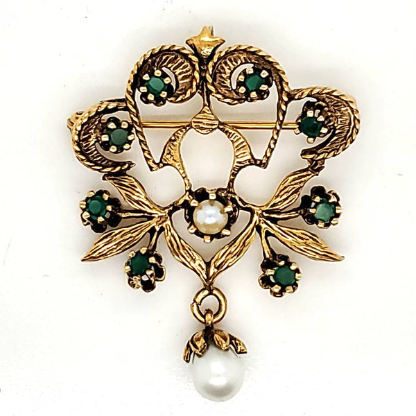 Vintage 14kt Yellow Gold Emerald and Pearl Pendant and Brooch