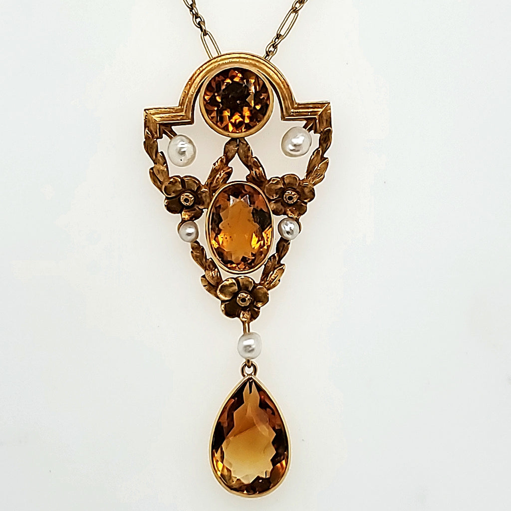 Victorian 14Kt Yellow Gold Citrine And Pearl Lavalier Necklace