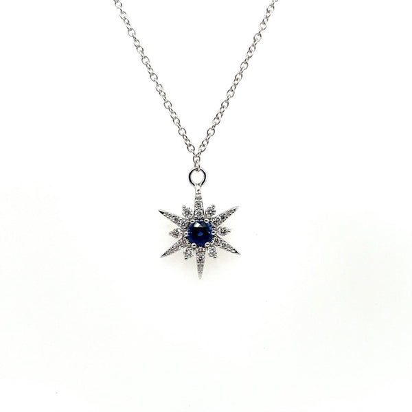 18kt White Gold Sapphire And Diamond Star Burst Pendant On Cable Chain