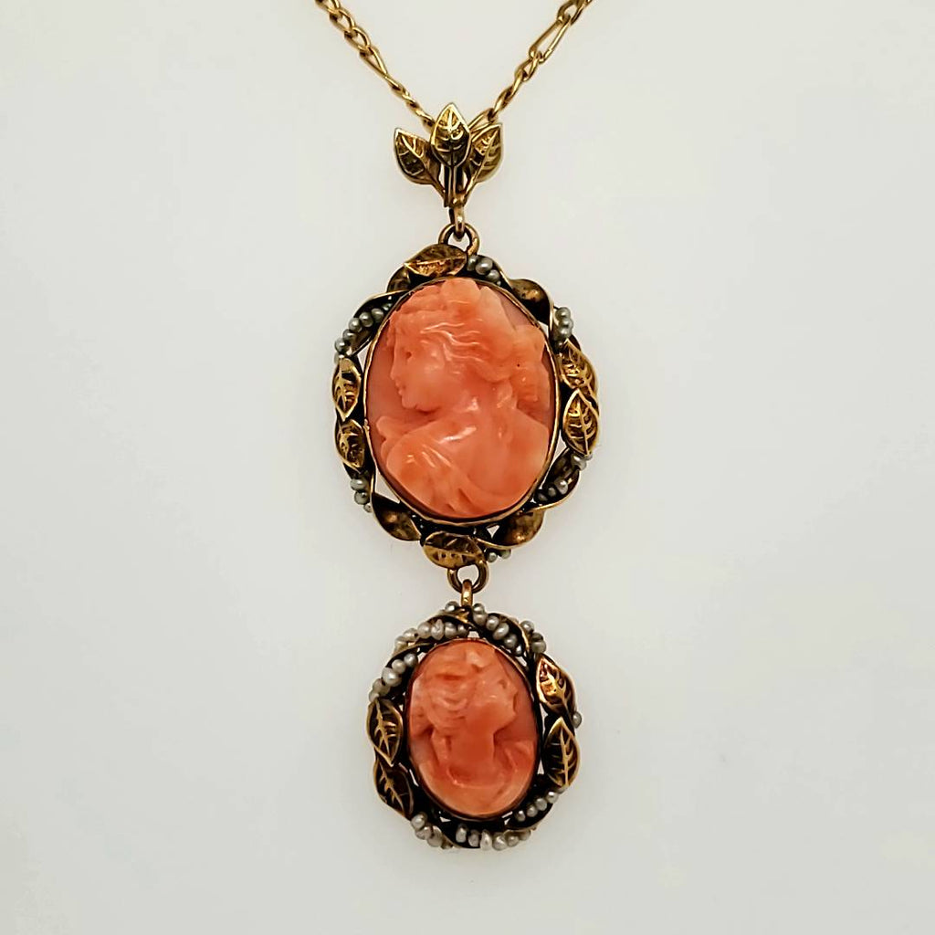 Antique Victorian 14kt Yellow Gold Double Carved Coral Cameo Necklace