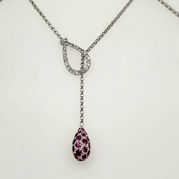 14kt White Gold Pink Sapphire and Diamond Y Necklace