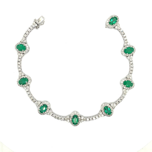 14kt White Gold 8.09Ctw Emerald And Diamond Link Bracelet