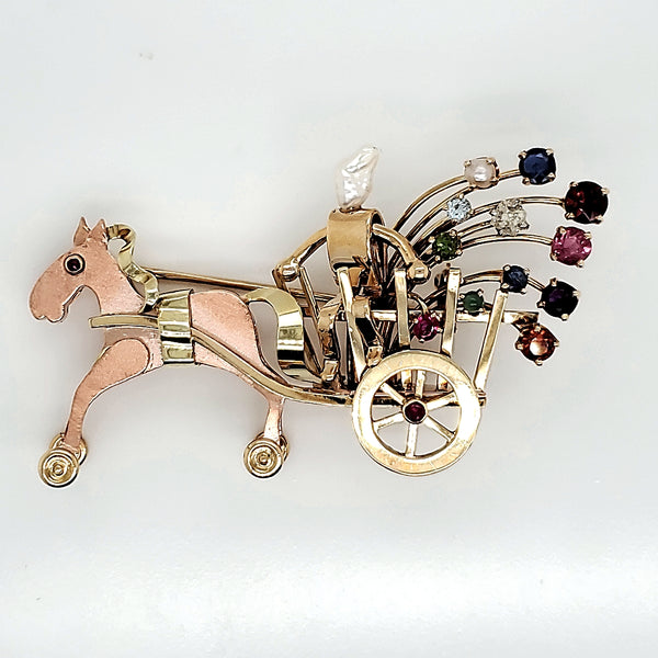 Neiman Marcus vintage 14 kt gold and gem stone horse and carriage brooch