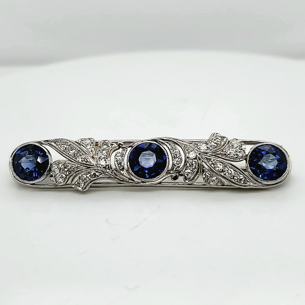 Art Deco Platinum Synthetic Sapphire and Natural Diamond Brooch