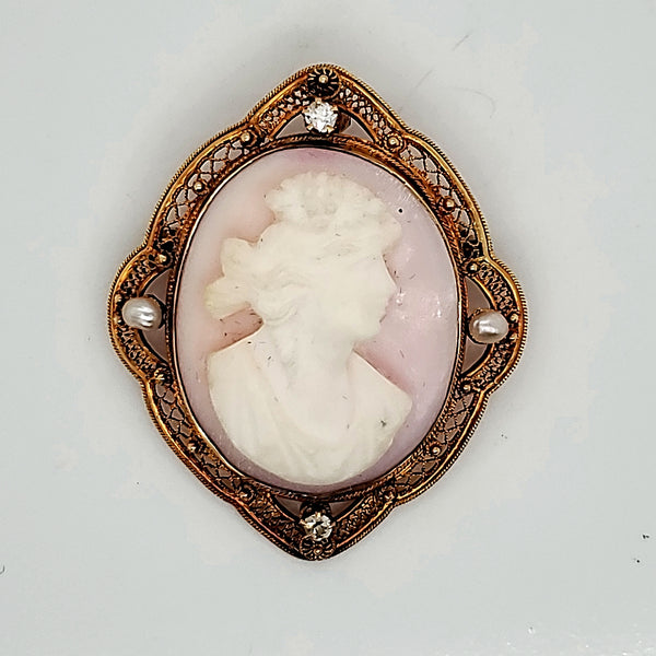 Antique Victorian 14Ktyg Diamond And Pearl Shell Angel Skin Cameo Brooch/Pendant