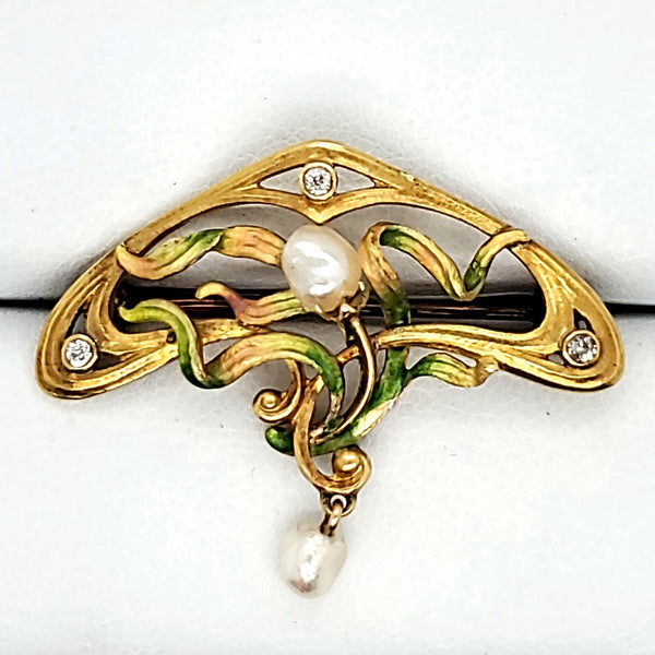 Antique Art Nouveau 14kt Gold Pearl Diamond and Enamel Brooch