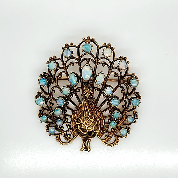 Vintage 14Kt Yellow Gold Opal Peacock Brooch/Pendant
