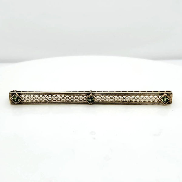 Antique Victorian 14kt Yellow gold Filligree Peridot and Pearl Bar Pin