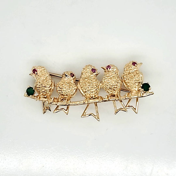 Vintage 14kt Yellow Gold Song Bird Brooch With Gemstones