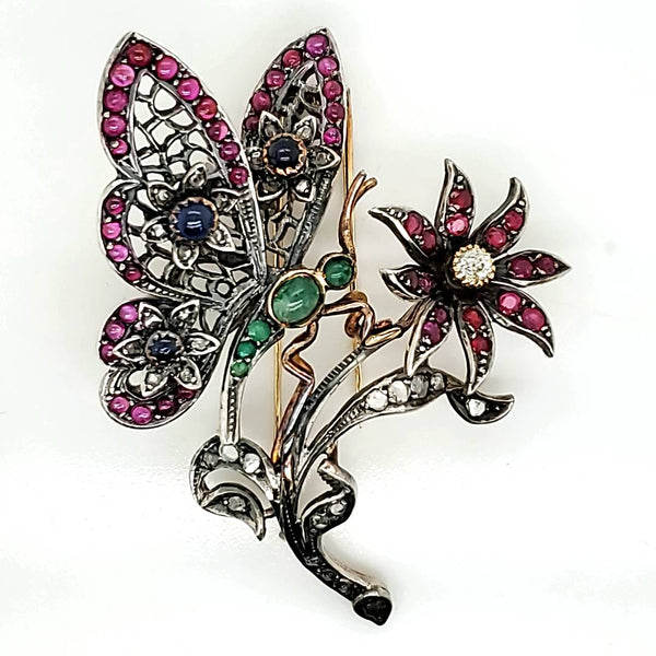 14Kt Yellow Gold Diamond And Sapphire Butterfly Brooch