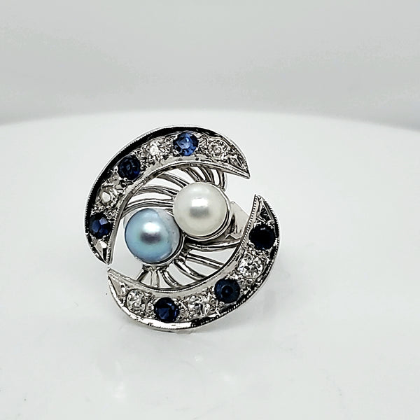 Vintage 14Kt White Gold Pearl Diamond And Sapphire Ring