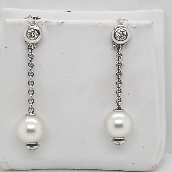 Mikimoto 18kt White Gold Diamond and Pearl Dangle Earrings