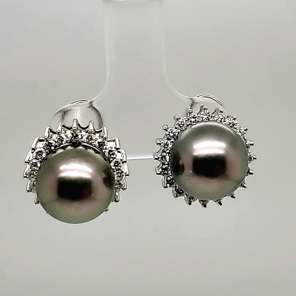 14kt White gold Black Pearl and Diamond Earrings