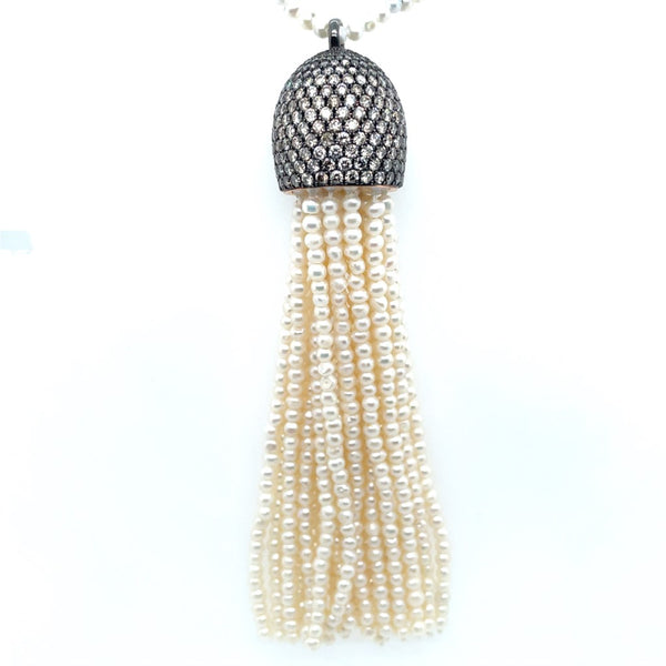 14Kt Black Rhodium Gold 3.95 Ctw Diamond And Pearl Tassel Necklace