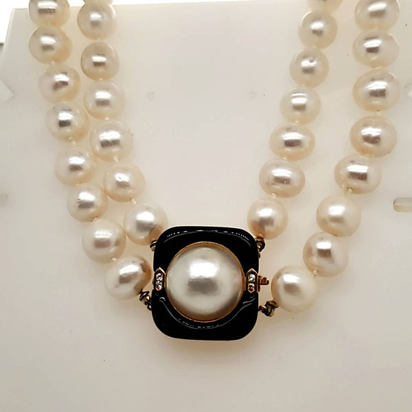 14kt Yellow Gold Onyx Diamond and Pearl Double Strand Necklace