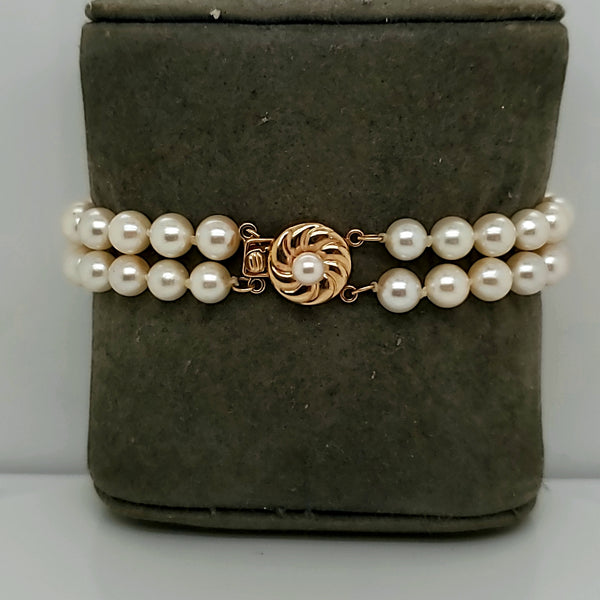 14Kt Yellow Gold Double Strand Cultured Akoya Pearl Bracelet
