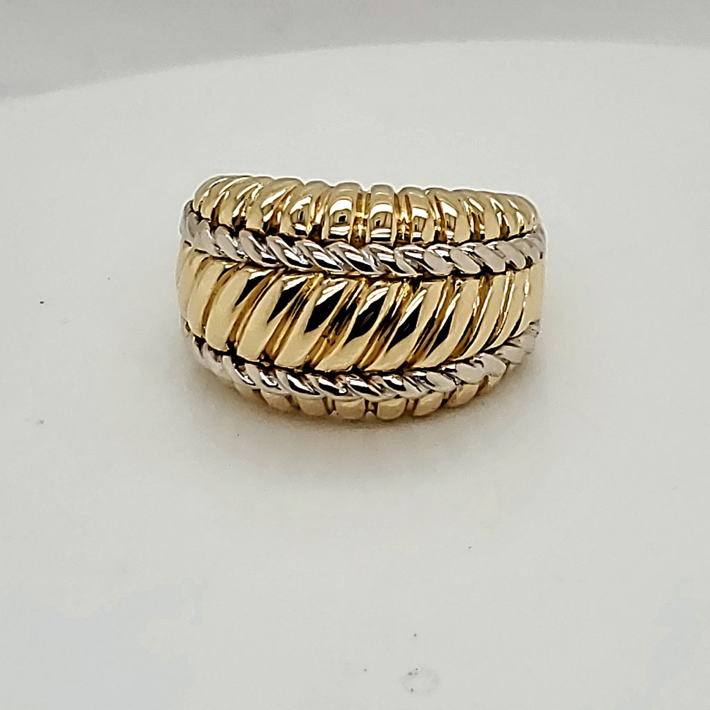 18kt yellow gold ridged dome ring with white gold accents