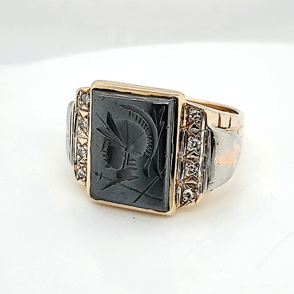 Vintage Mens 14kt Gold and Diamond Hematite Intaglio Ring