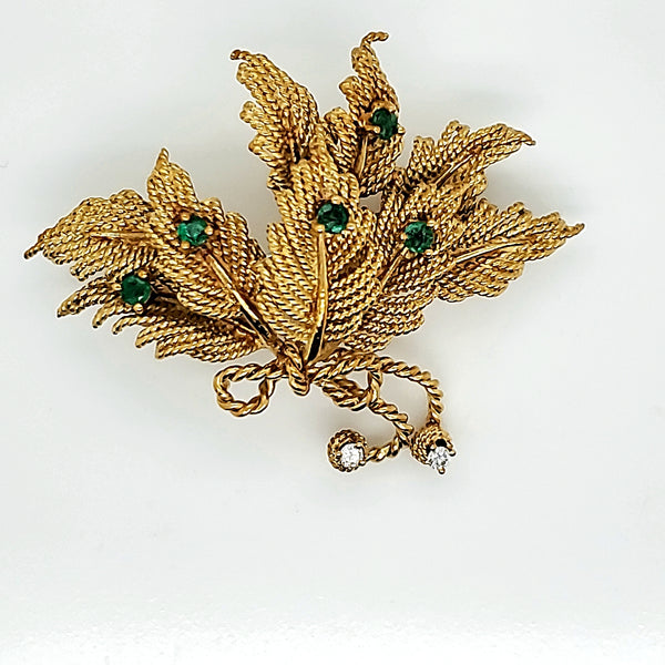 Pre - Owned Vintage Tiffany & Co. 18kt yellow gold emerald and diamond brooch