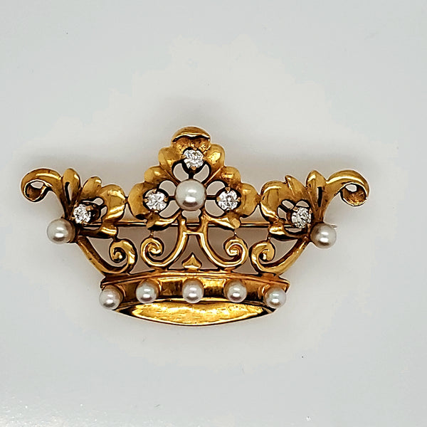 Vintage 14kt Yellow Gold Diamond and Pearl Crown Brooch