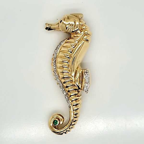 18kt Yellow Gold Diamond and Emerald Seahorse Brooch