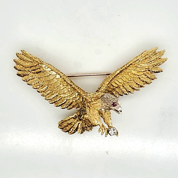 Vintage Numbered 18kt Gold Diamond and Ruby Bald Eagle Brooch