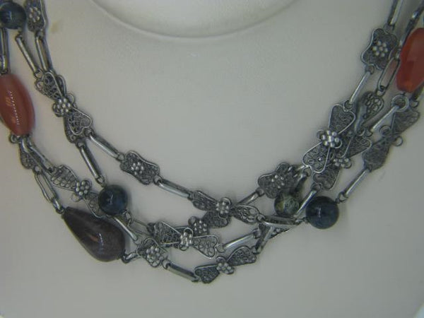 Victorian Silver, Agate And Carnelian Long Chain