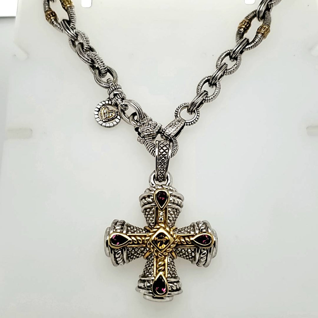 Judith Ripka sterling silver and 18kt gold diamond cross necklace