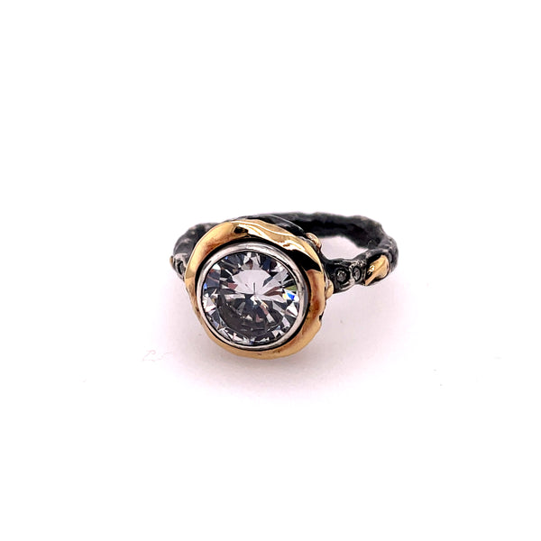 Sterling Oxidized Silver And Yellow Gold CZ Ring