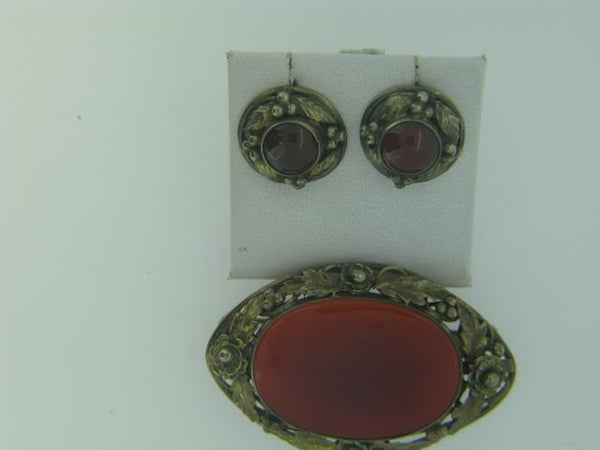 Victorian Vermeil And Carnelian Brooch And Earring Suite