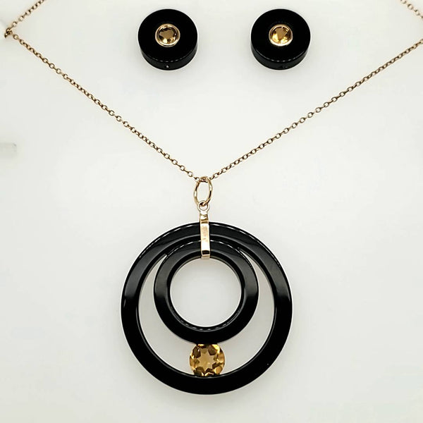 14kt Yellow Gold Onyx and Citrine Necklace Earring Suite