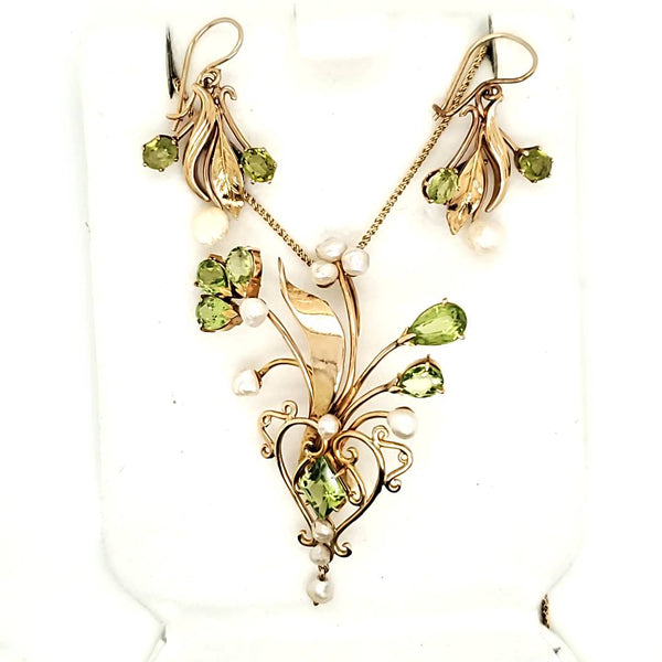 14kt Yellow Gold Peridot and Pearl Earring and Pendant Suite