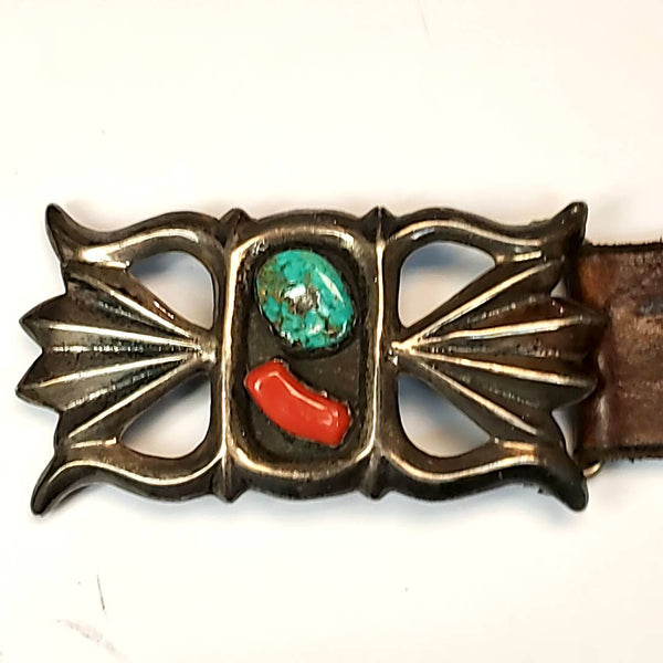 Sterling Silver Turquoise and Coral Belt Buckle