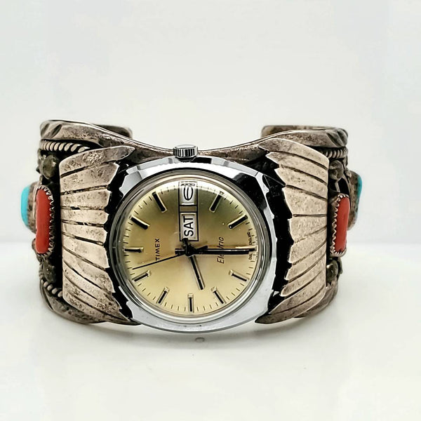 Sterling Silver Turquoise and Coral Watch Band