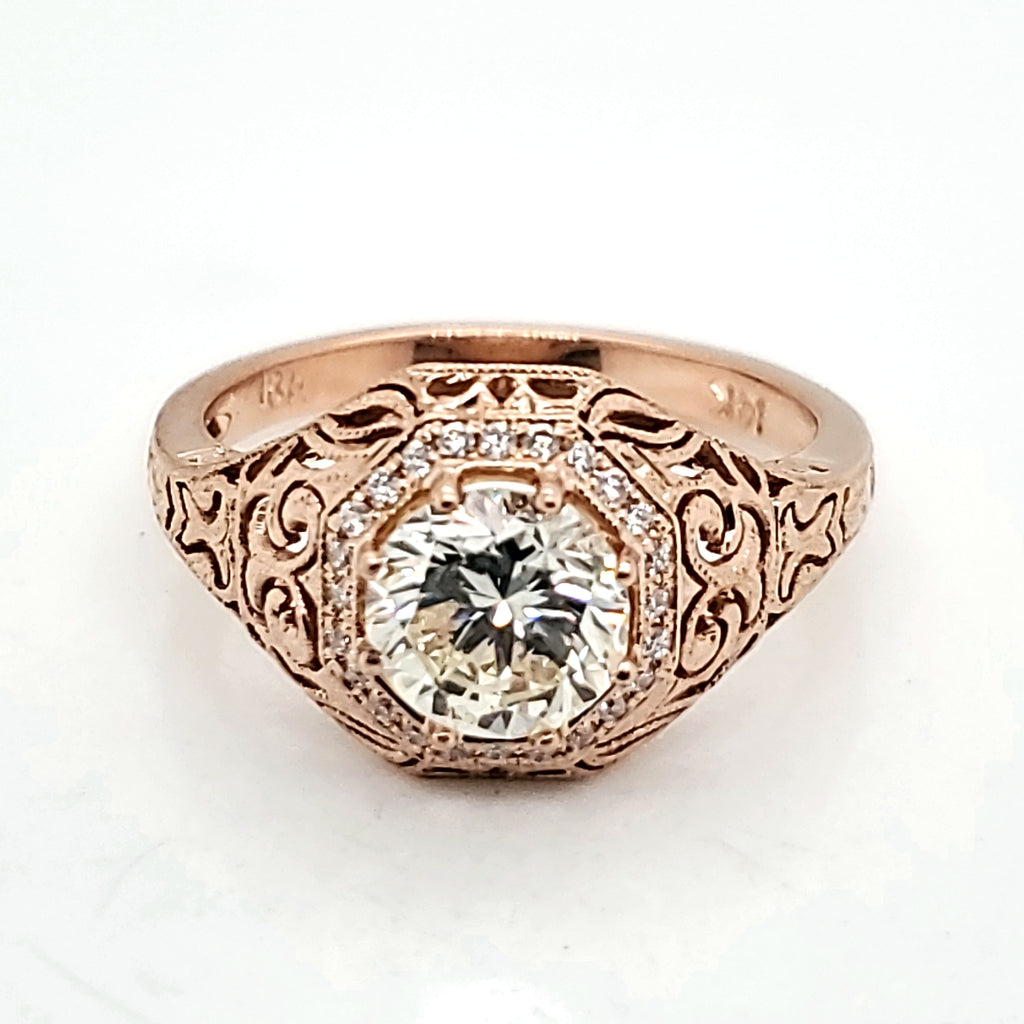 1.14 Carat Round, Brilliant Cut Diamond Filligree Engagement Ring 18kt Rose Gold