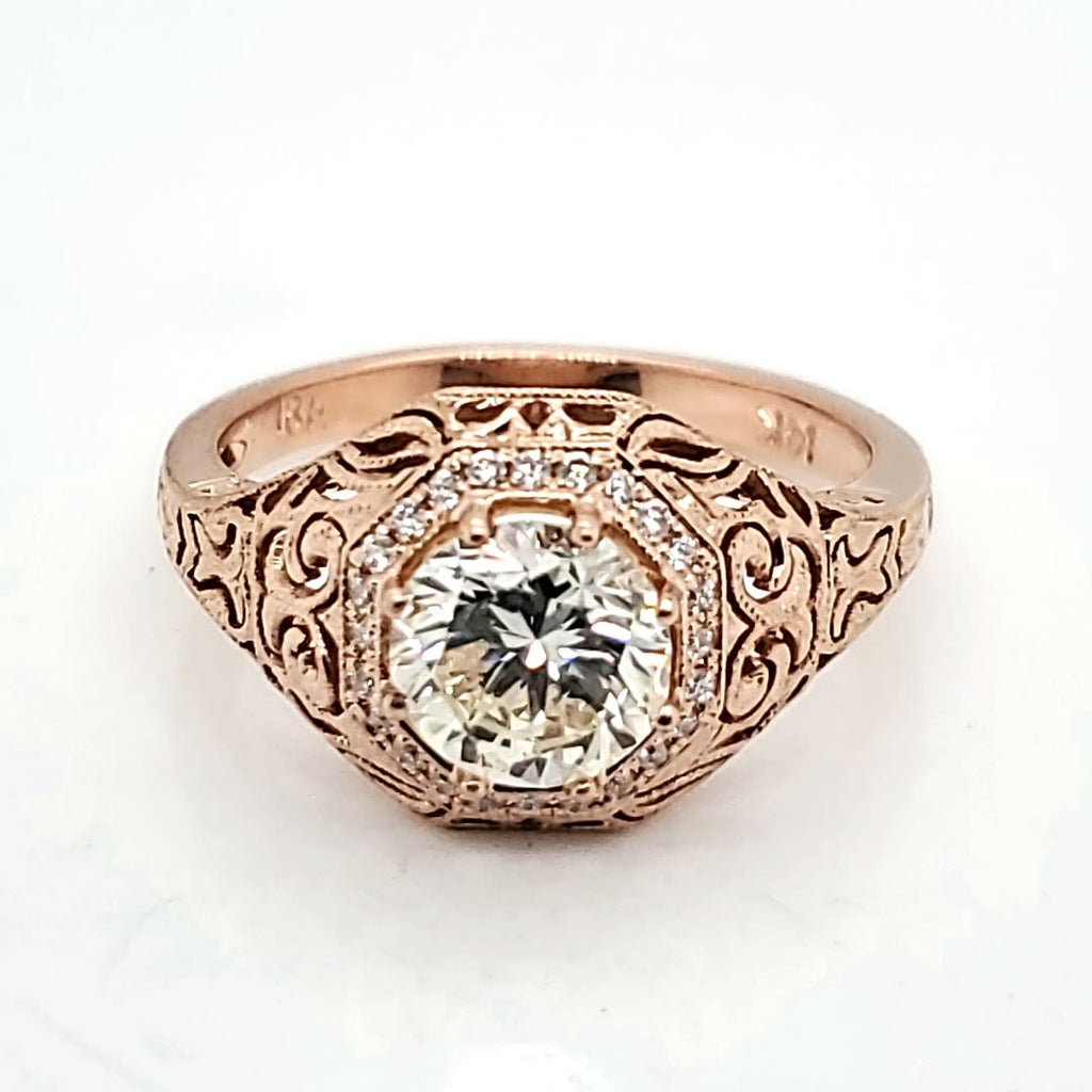 1.14 Carat Round, Brilliant Cut Diamond Filligree Engagement Ring 18kt Rose Gold