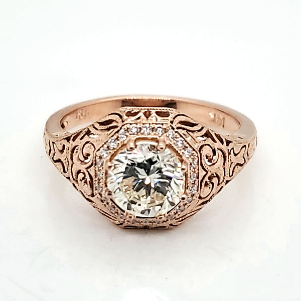 1.14 Carat Round, Brilliant Cut Diamond Filligree Engagement Ring 18kt Rose Gold