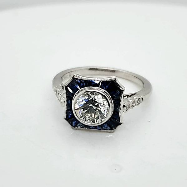 14kt White Gold 1.07 Carat Round Brilliant Cut Diamond and Sapphire Engagement Ring