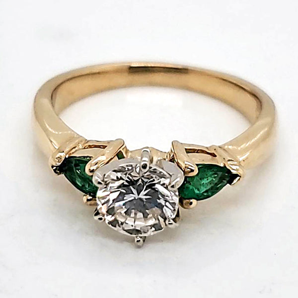 14Kt Yellow Gold 1.00 Carat Round Diamond And Emerald Engagement Ring