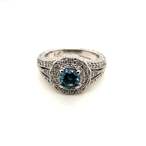 14kt White Gold Iradiated Blue And Natural White Diamond Engagement Ring