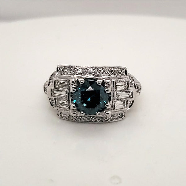 Art Deco Platinum Mounting with Modern Irradiated Blue Diamond Engagement Ring