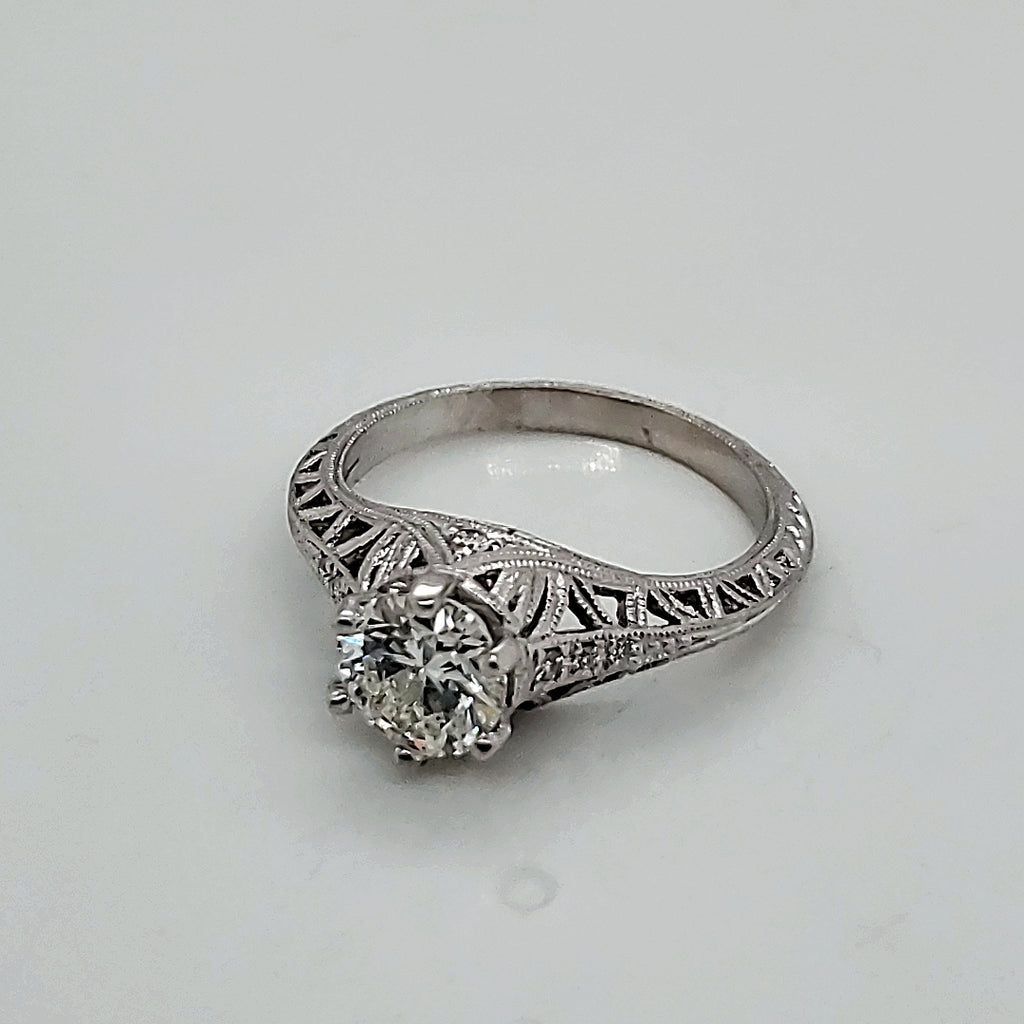 14kt White Gold Filigree 1.00 Carat Round Brilliant Cut Diamond Engagement Ring