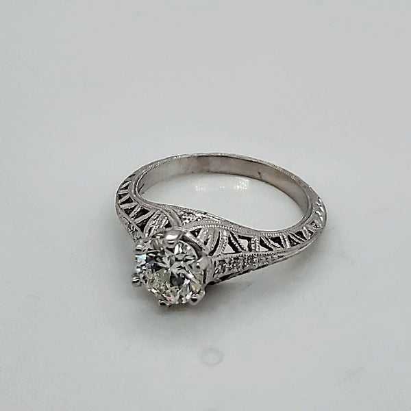 14kt White Gold Filigree 1.00 Carat Round Brilliant Cut Diamond Engagement Ring