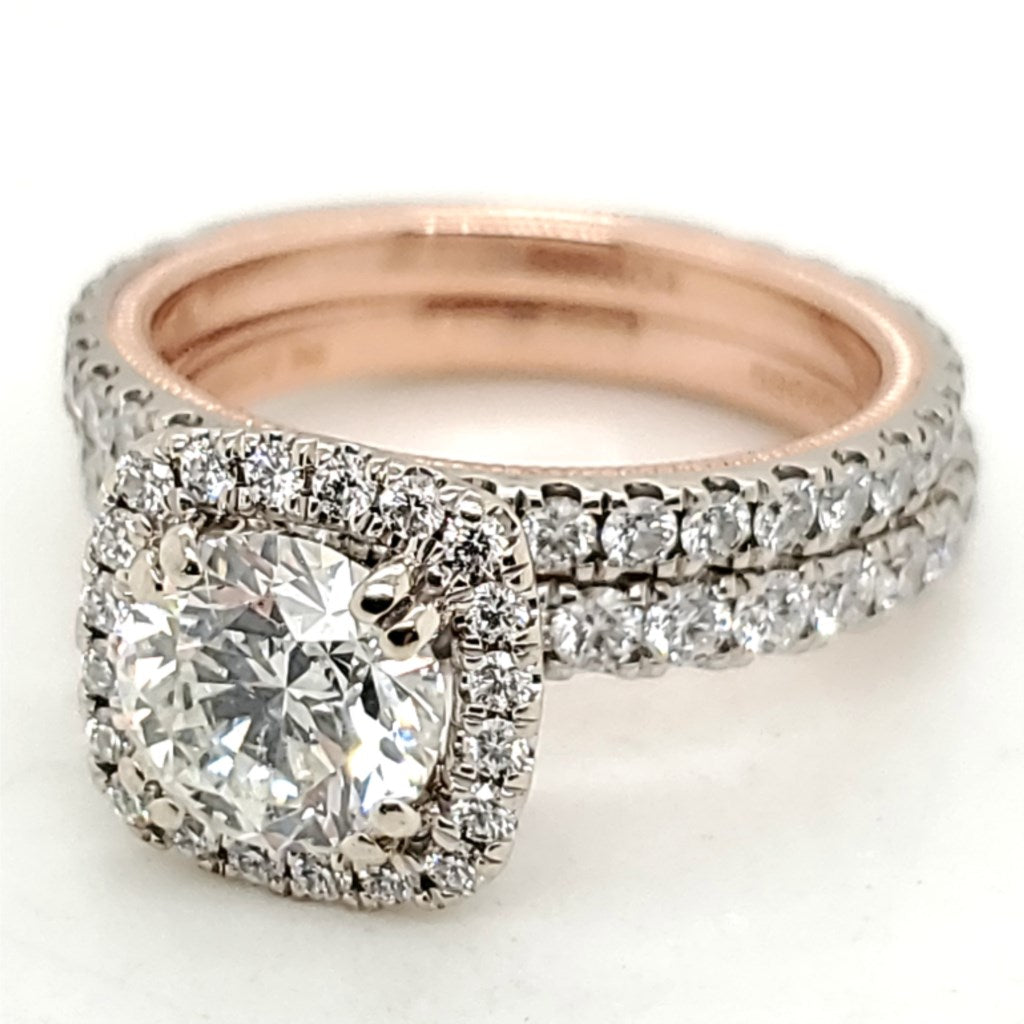 14kt Rose and White Gold 1.70 Carat Round Brilliant Cut Diamond Wedding Set