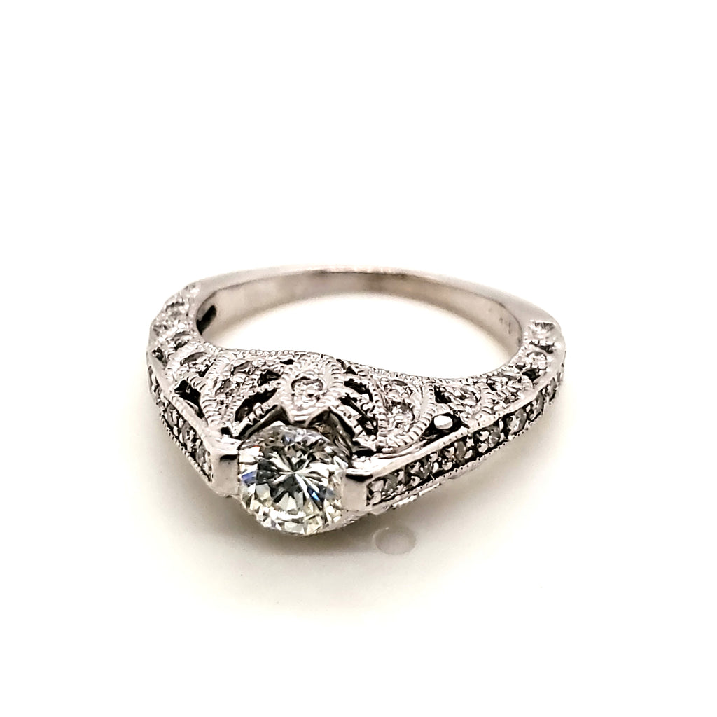 14kt White Gold Filigree .60 Carat Round Brilliant Cut Diamond Engagement Ring