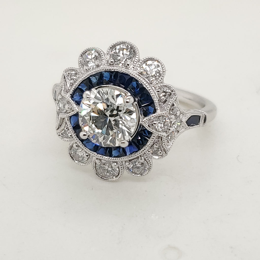 Platinum Sapphire and 1.06  Carat Round Brilliant Cut Diamond Engagement Ring