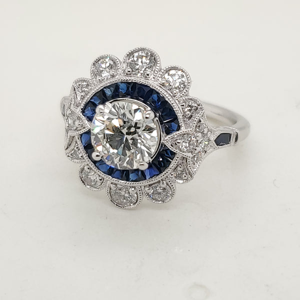 Platinum Sapphire and 1.06  Carat Round Brilliant Cut Diamond Engagement Ring