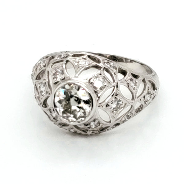 Art Deco style platinum filigree and 1.00 carat round, european cut diamond engagement ring