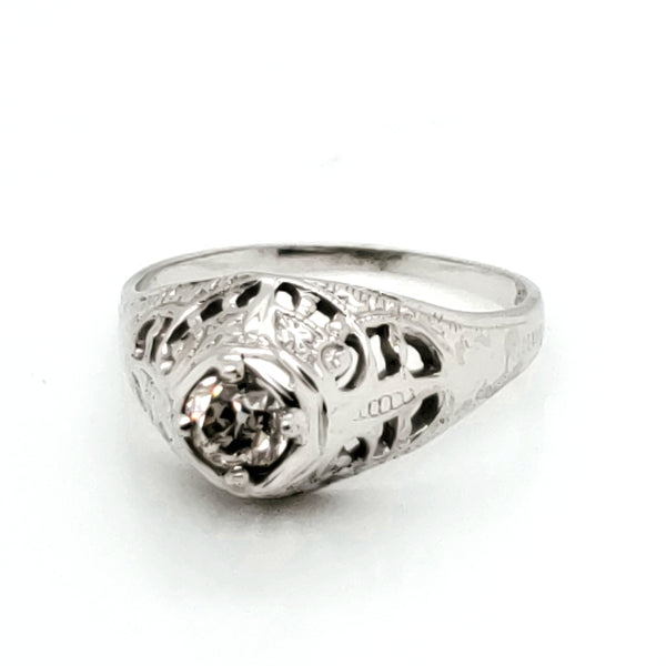 Art Deco 18kt white gold .30 carat mine cut diamond engagement ring