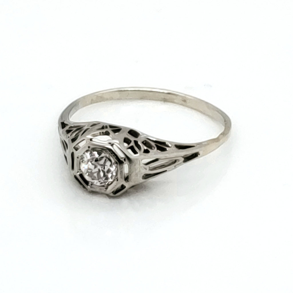 18kt white gold Art Deco .20 carat diamond filigree engagement ring